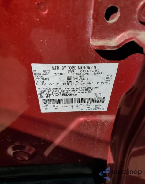 2009 Ford Edge Sel z USA, uszkodzony, nr VIN 2FMDK48C19BA29628